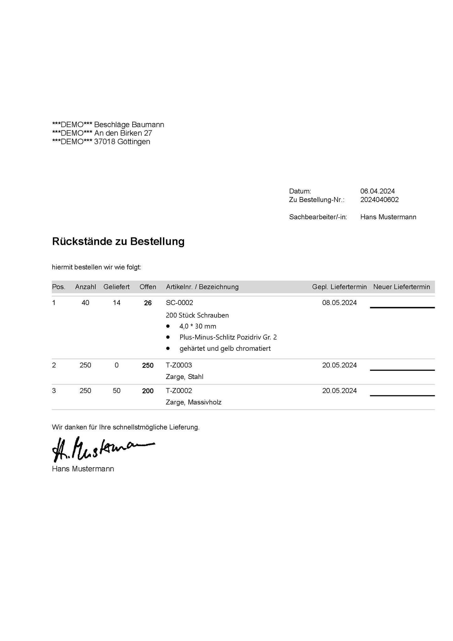 Vorlage "Bestellung mit Rückständen"