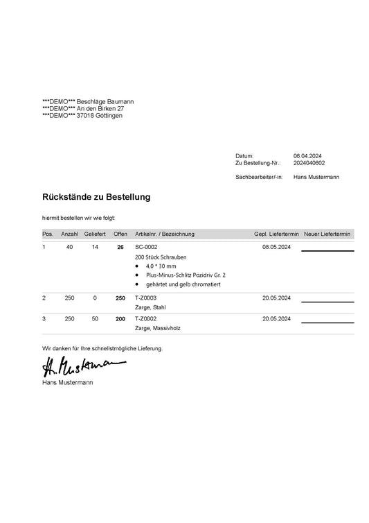 Vorlage "Bestellung mit Rückständen"
