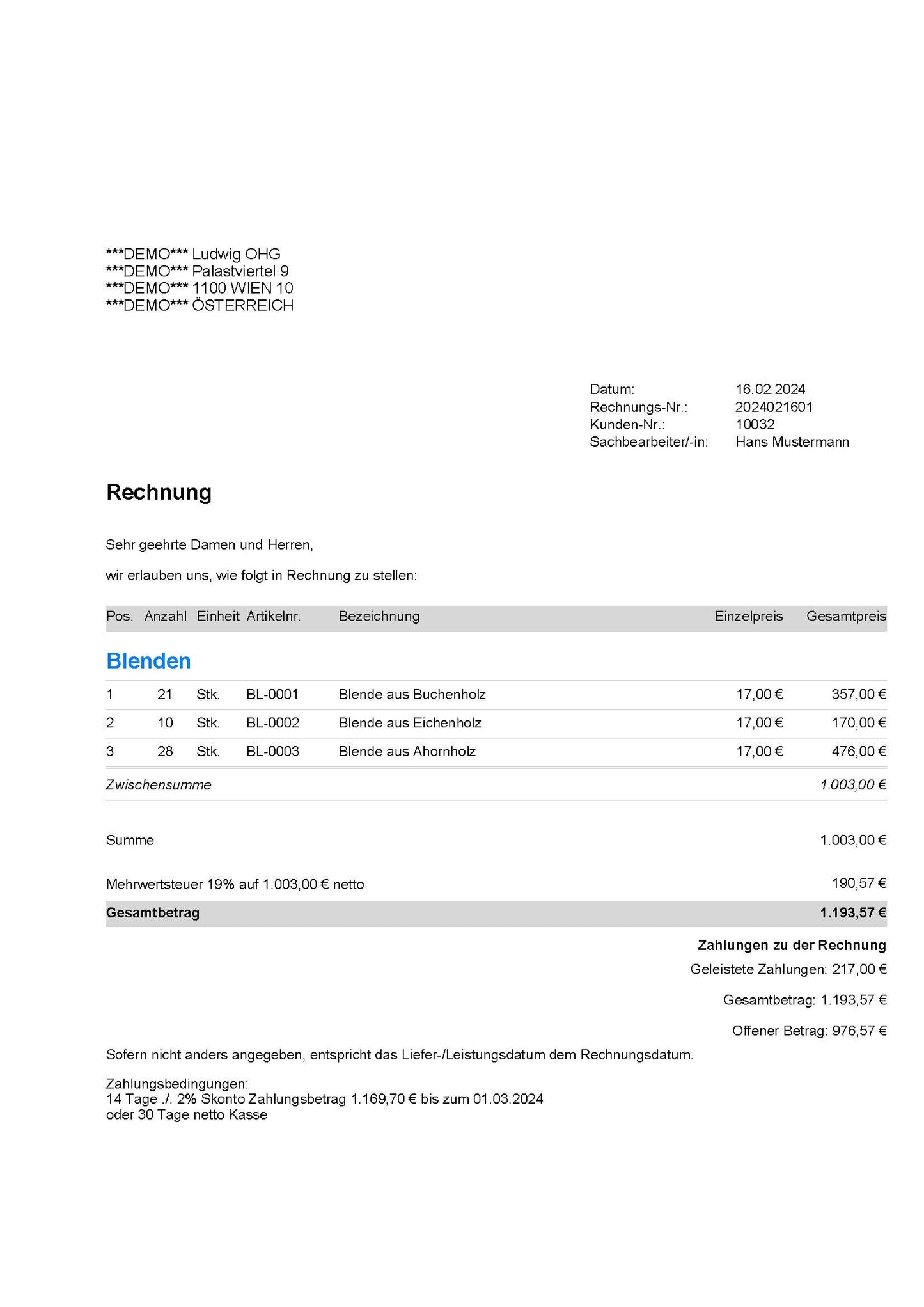 Vorlage "Rechnung mit Info (Zahlungen)"