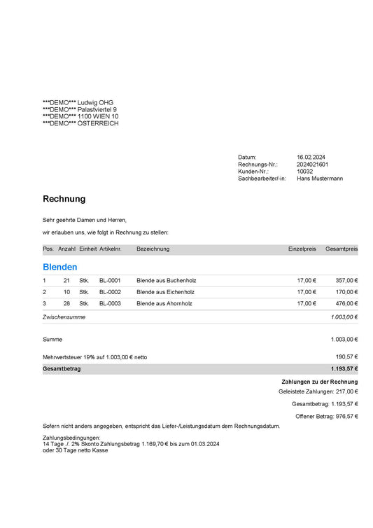 Vorlage "Rechnung mit Info (Zahlungen)"