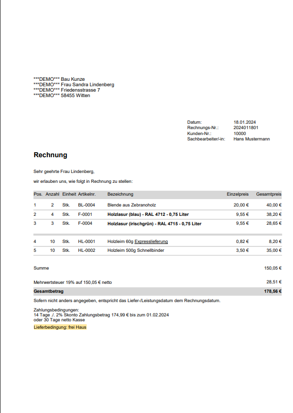 Vorlage "Rechnung mit Lieferbedingung"